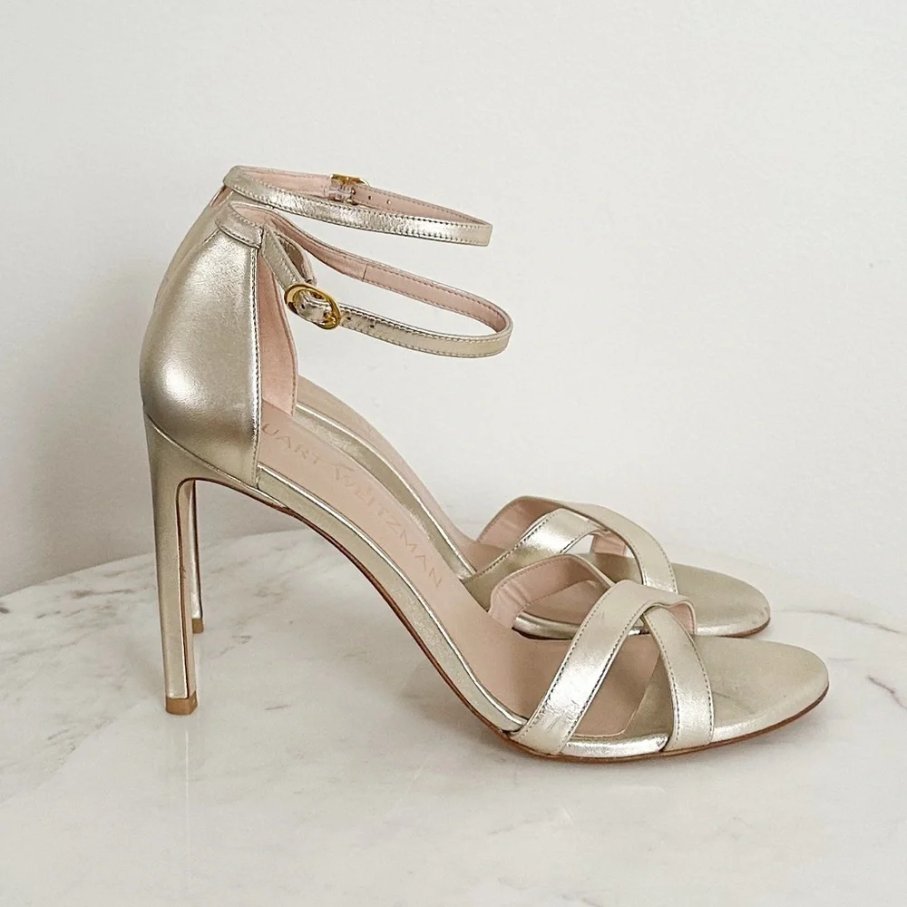 NEW Stuart Weitzman Nudistsong Metallic Cross Ankle Strap Sandals Size 11